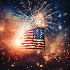 Wall Mural - American flag with fireworks and sparks on dark sky background. Independence day