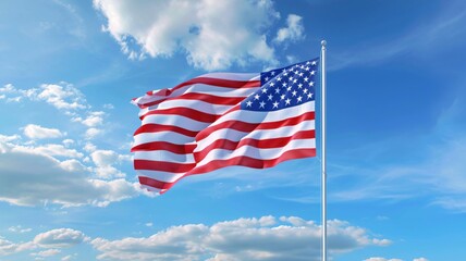 Wall Mural - American flag waving in the wind against a blue sky with white clouds
