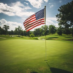 Wall Mural - American flag on a golf course in a sunny day, USA.