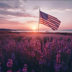 Wall Mural - American flag on a field of lavender flowers at sunset in the summer.