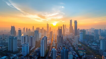 Cityscape at Dawn: A stunning panoramic view of a modern city skyline as the sun rises, illuminating the skyscrapers with a golden hue. The early morning light casts long shadows, creating a dramatic 