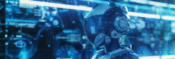 Aufkleber - Robot with sci-fi overlays and copy space for AI concepts, mixed digital 3d illustrations and matte paintings