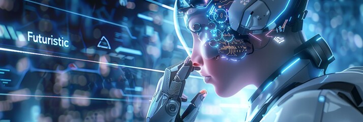 Aufkleber - An artificial intelligence concept with a glossy futuristic robot and automatic software. A mixed digital 3D illustration and matte painting are used to produce the image