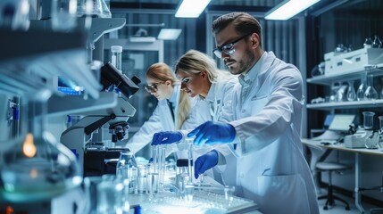 Wall Mural - Three scientists in lab coats are working on a project. They are wearing gloves and are focused on their work