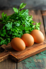 Wall Mural - Fresh Brown Eggs and Parsley on Wooden Cutting Board  Rustic Kitchen Setting