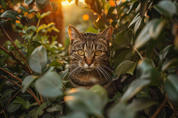 Wall Mural - Majestic Tabby Cat in Lush Greenery at Golden Hour with Sunlight