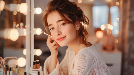 A woman gracefully applying makeup in front of a vanity mirror