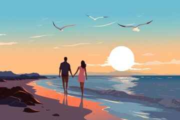 Wall Mural - romantic couple on the beach at sunset illustration