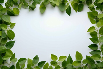 Wall Mural - Fresh Green Leaves Frame with White Background in Modern Nature Inspired Design