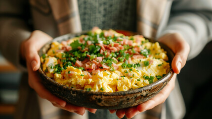 Wall Mural - Scrambled eggs with ham in a plate healthy concept