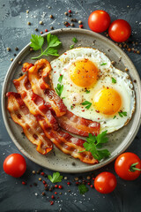 Wall Mural - Egg in a plate with toast bread and bacon on table