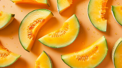 Wall Mural - Top down view slices of melon on the apricot table summer concept