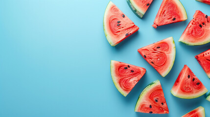 Wall Mural - Top down view slices of watermelon on the blue table summer concept