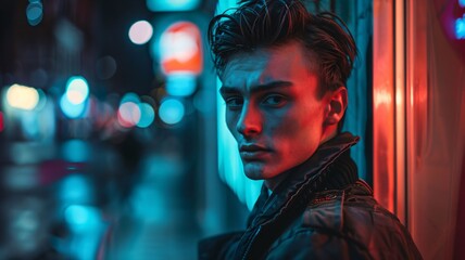 Wall Mural - Handsome young man in a city street at night with neon lights