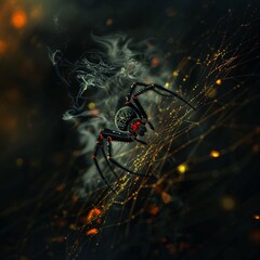 Wall Mural - spider on the web with fire and smoke, 3d illustration