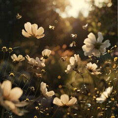 Wall Mural - Cosmos flowers in the garden at sunset. Vintage style toned picture