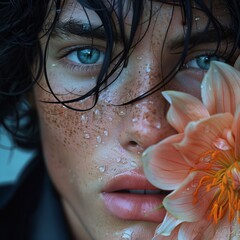 Wall Mural - Close-up portrait of a beautiful young woman with wet hair and flower