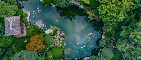 Wall Mural - An aerial view of a large Japanese garden