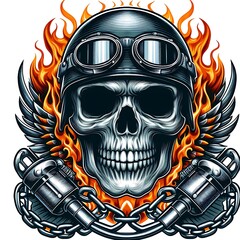 Wall Mural - A skull wearing a helmet and goggles with flames around it realistic harmony image attractive lively.