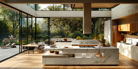 Wall Mural - A large open kitchen with a marble countertop and a large island