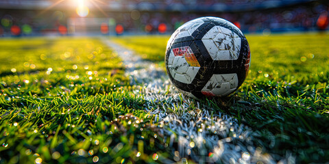 Wall Mural - A soccer ball is sitting on the grass next to a white line