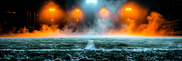 Wall Mural - A field covered in snow with a few lights in the background