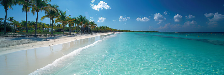 Wall Mural - A beautiful beach with palm trees and a clear blue ocean