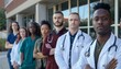 © ZeNDaY - A group of diverse doctors and nurses standing together outside a hospital, wearing white coats and scrubs.