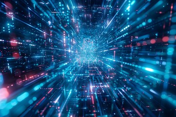 Wall Mural - A blue and red light show with many dots. The light show is very bright and colorful. It looks like a futuristic tunnel