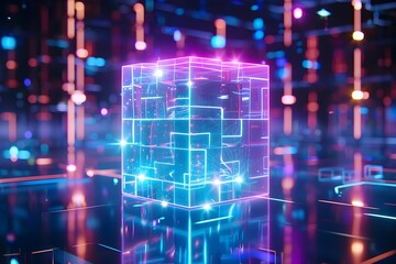 Wall Mural - A cube with a bright neon glow is displayed on a black background. The cube is surrounded by a colorful, abstract pattern that gives the impression of a futuristic, high-tech environment