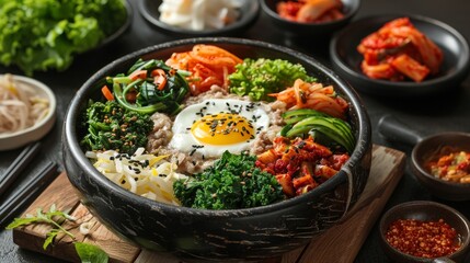 Wall Mural - korean cuisine display, traditional korean bibimbap with hot stones in a wooden bowl, served with kimchi and pickled radish a classic korean food presentation