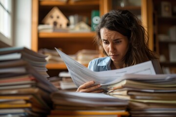 Focused Young Woman Reviewing Contracts in Cozy Home Office. A person holding a mortgage contract, looking stressed