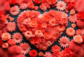 Wall Mural - A heart-shaped arrangement of coral-colored flowers with a color palette in the background