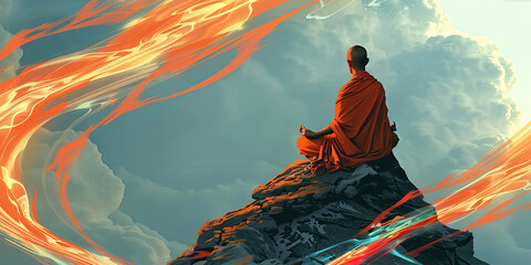 Wall Mural - A Buddhist monk meditates atop a mountain peak, one with the universe and the divine energy that flows through it.