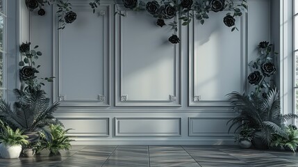 Wall Mural - Minimalist wedding interior with blank posters and beautiful black flowers on the walls