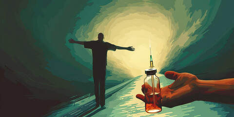 Wall Mural - Trapped in the cycle: A person stands at the crossroads, one hand outstretched toward a bright, hopeful future, the other clutching a bottle, a needle, or an empty glass, as if they're being pulled
