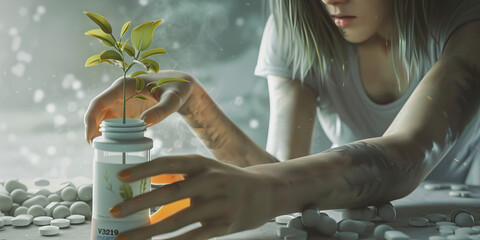 Wall Mural - The spiral of despair: A young woman's arm reaches out toward a pill bottle, her other hand clutching a tiny tree sapling, symbolizing the cyclical nature of addiction