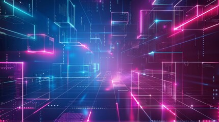 Abstract futuristic background with neon glowing blocks and lines in blue, pink, and purple colors. Digital technology concept. High quality photo