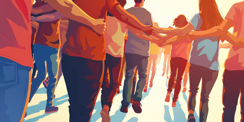 Wall Mural - The road to recovery: A group of people, arms linked, march toward a support group or rehab facility, determination writ large upon their faces