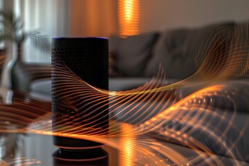 Wall Mural - A smart speaker is sitting on a table in front of a couch. The speaker is black and has a blue light on it. Concept of relaxation and comfort