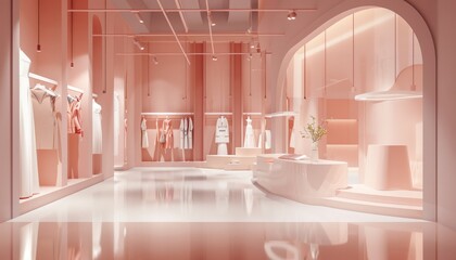 The image shows a 3D rendering of a modern clothing store interior