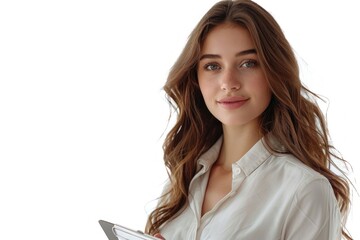 Wall Mural - A woman with long brown hair is smiling and holding a clipboard