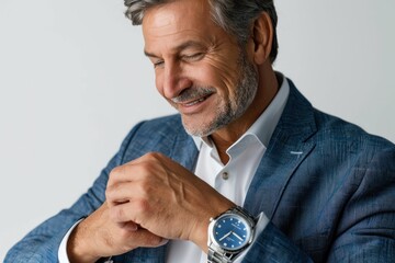 Wall Mural - A man in a blue suit is wearing a watch and smiling