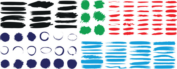 Wall Mural - colorful brush stroke vector set, black radial circular brushstroke and linear brush stroke red, blu