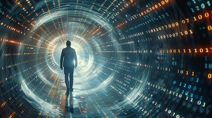 Fototapete - A businessman walking in a tunnel made of binary data. Generative AI.