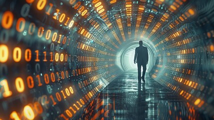 Fototapete - A businessman walking in a tunnel made of binary data. Generative AI.