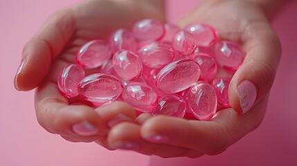 Pink tablets in the palms on a pink background. View from above.