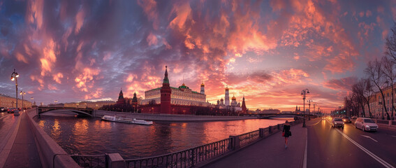 Wall Mural - panoramic view of Moscow city, embankment with bridge and the Kremlin at sunset.