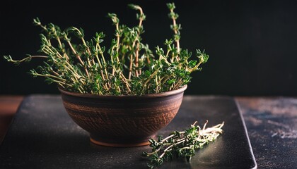 Wall Mural - fresh thyme herb in a bowl on dark table