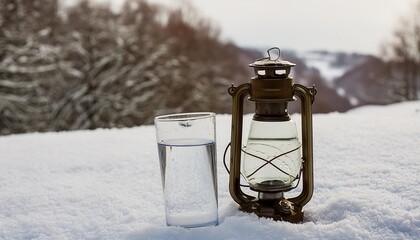 Wall Mural - glass of water a small lantern standing on snow in winter